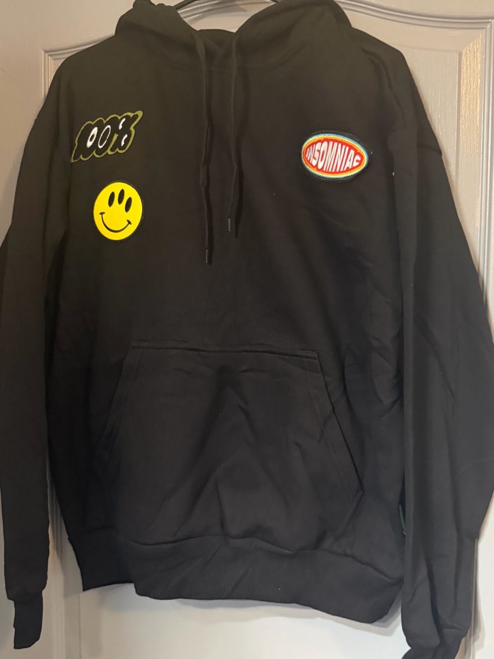 Black Hoodie with Smiley & Insomniac Patches - Unbranded